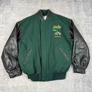 John Deere Jacket Mens Medium Green Varsity Vtg 80s Employee Leather Wool Farmer